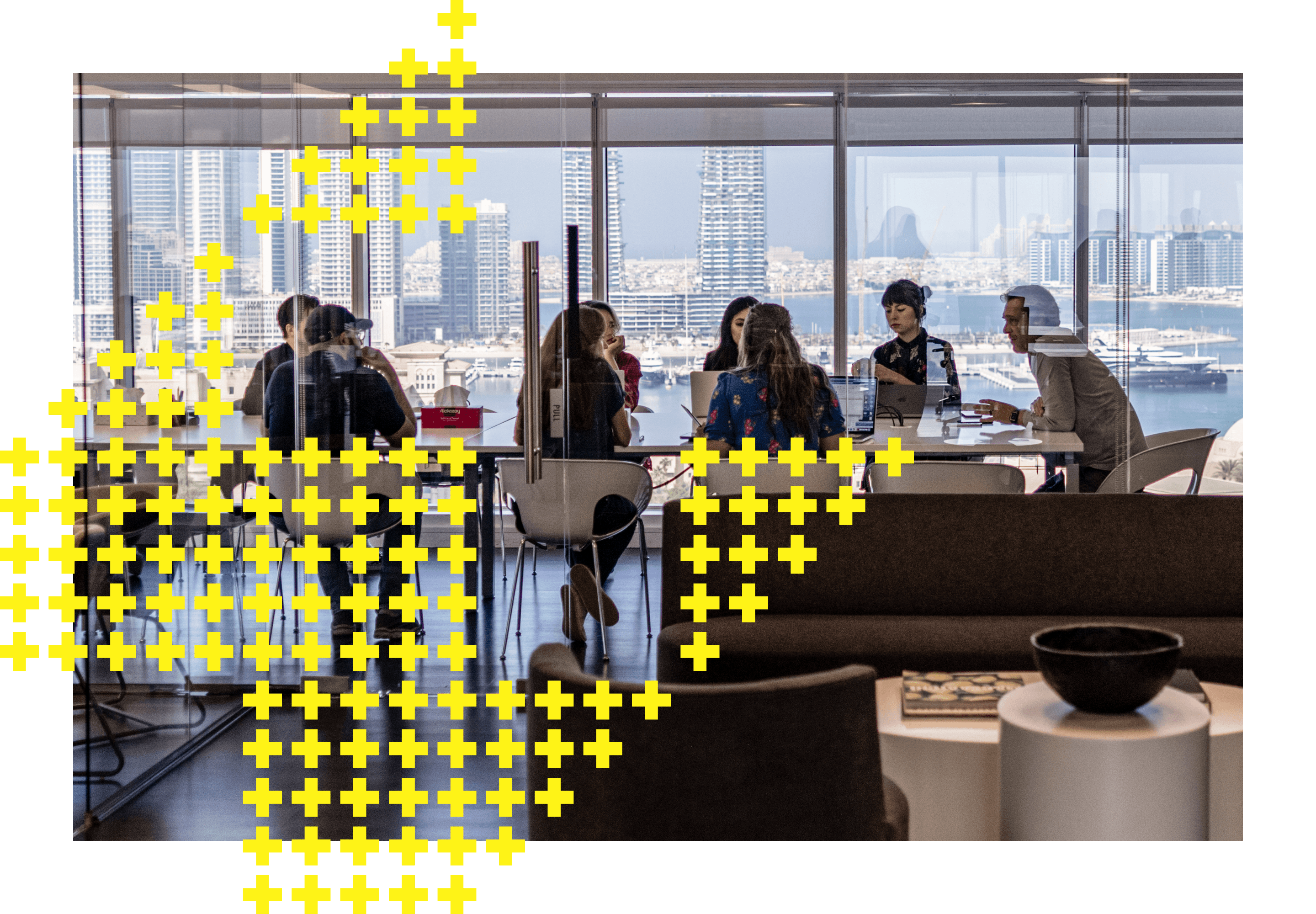 M+C Saatchi Office space with Cultural Power Overlay of Yellow Pluses
